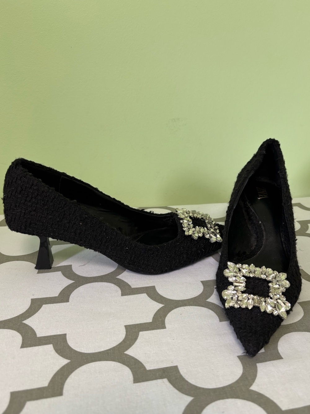 Zara Black Textured Crystal Embellished Buckle Pointed-Toe Pumps - Picture 7 of 13